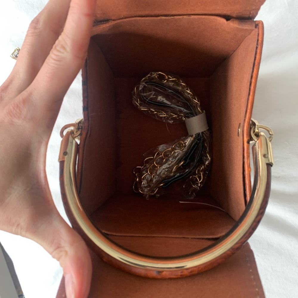 Elegant Brown Ostrich-Embossed Mini Square Bag - Picture 5 of 6